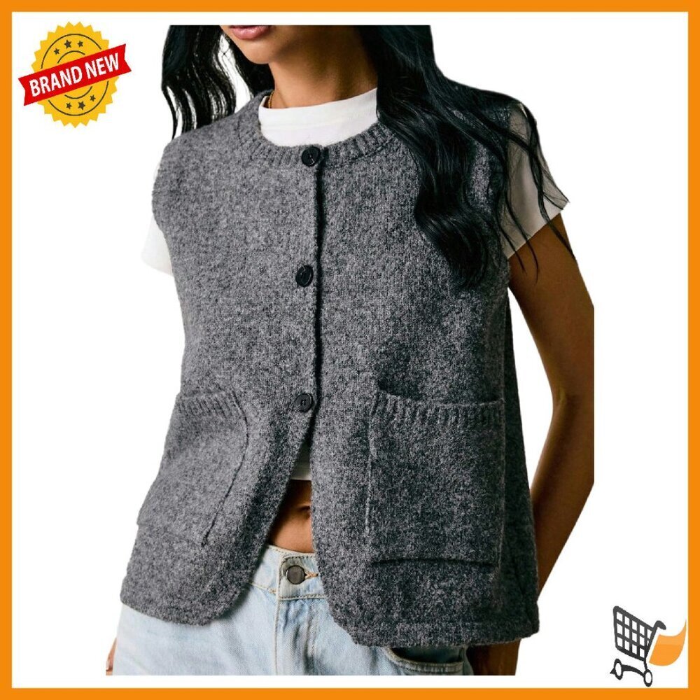 Women's Button Down Sweater Vest Sleeveless Crew Neck Knit Tank with Pockets